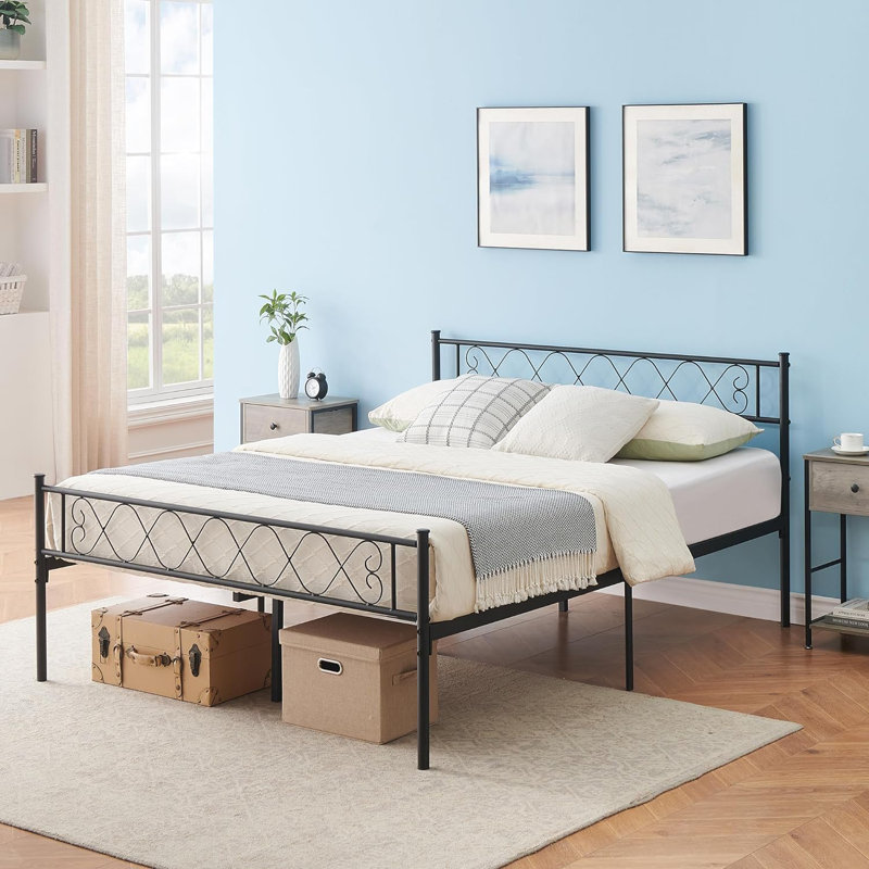 Grand lit en métal avec tête et pied de lit, plateforme de 12 po, support en lattes d'acier, rangement sous le lit, noir
