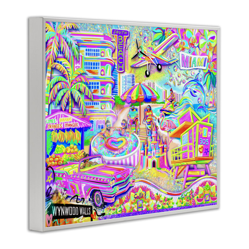 «Miami Fun Collage Giclee» par Jess Stempel, H 11 po x l 14 po, Estampe numérique encadrée blanc bord de mer