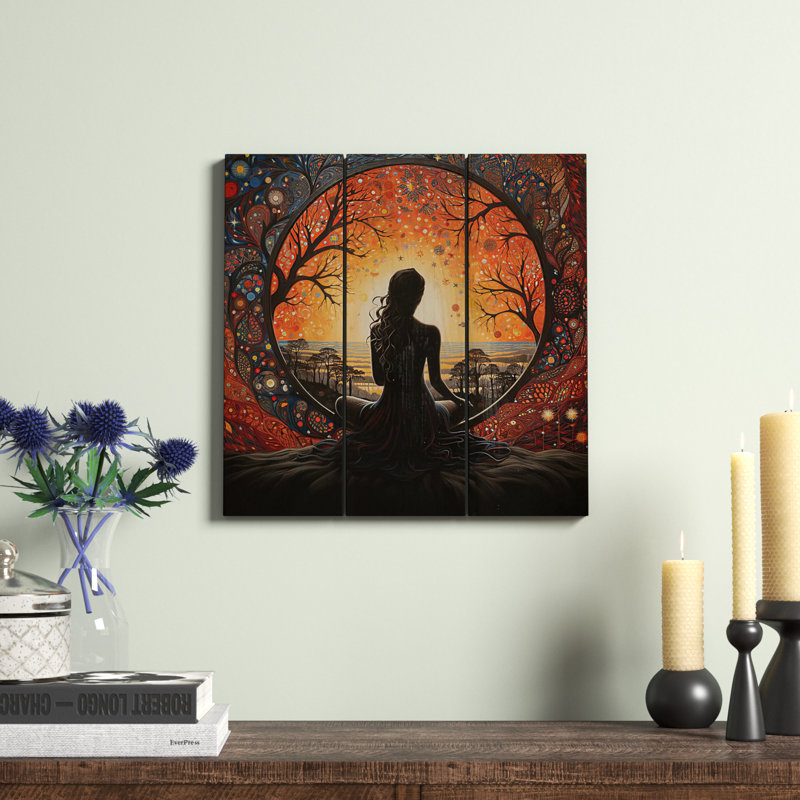 Yoga orange noir en harmonie III sur bois, H 15 po x l 15 po x P 0,78 po