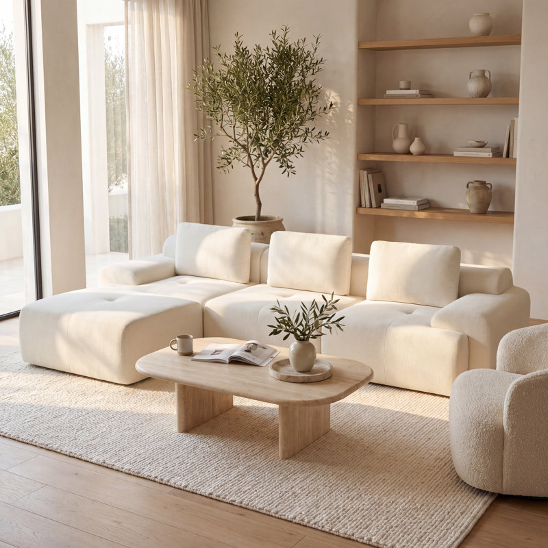 122" Wide Sectional Compression Sofa With Modular Seating Plush Cushions & Ottoman, Cream Polyester