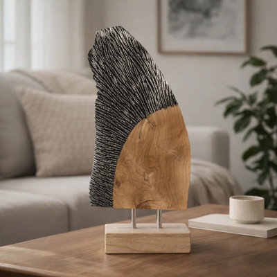 Sculpture Upin Abstract Wing sur base, bois brun, métal noir, 16 po