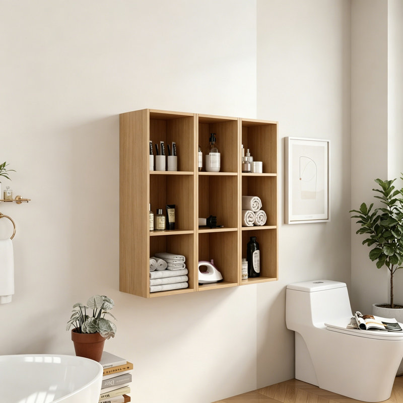 Armoire de rangement murale avec tablettes ouvertes, Natural
