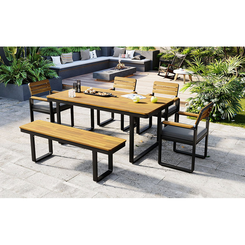 Ensemble repas 6 pièces pour l'extérieur, 1 table avec 4 chaises, 1 banc pour patio, jardin, cour arrière, Gris