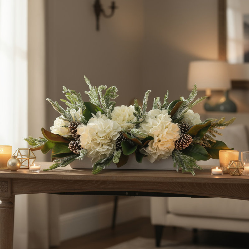 Snowy Holiday Arrangement with Hydrangeas, Magnolia Leaves and Pinecones