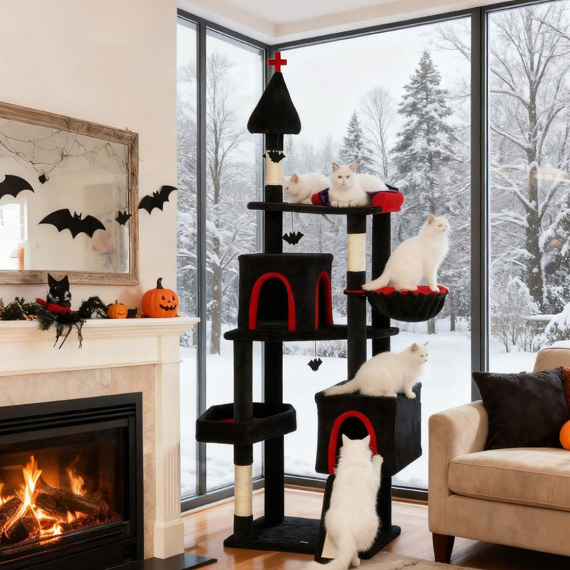 Arbre à chat de 77,6 pouces à plusieurs niveaux, conception de tours de chauves-souris, rampe à gratter, deux plateformes de condos pour le divertissement