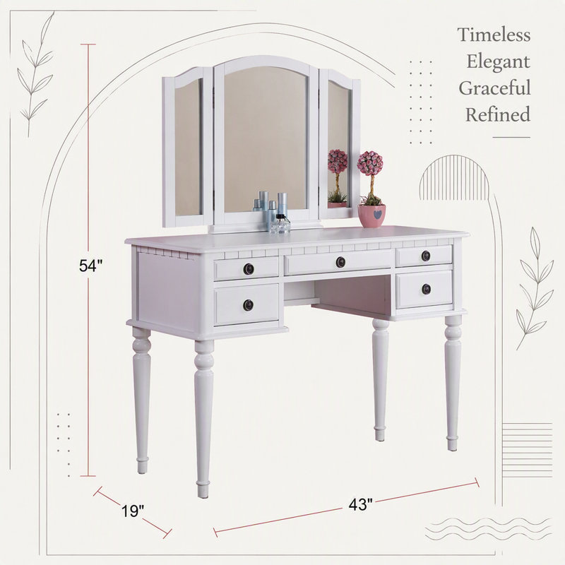 Ensemble de coiffeuse contemporaine pour chambre à coucher avec miroir pliable, tabouret et tiroirs de rangement pour un coin maquillage élégant