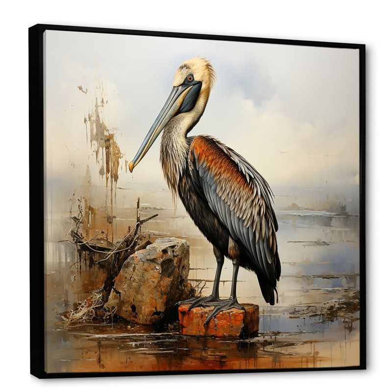 Pélican rétro sur la côte - art mural pélican, Cadre flottant noir, H 16 po x l 16 po x P 1 po
