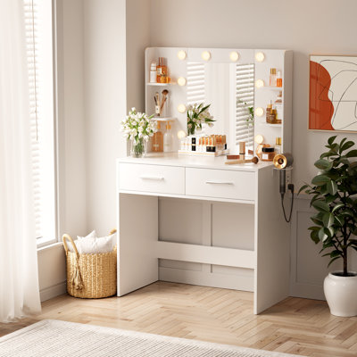 Makeup Vanity Desk With Adjustable Lights And Mirror, Dressing Table With Built-in Power Supply