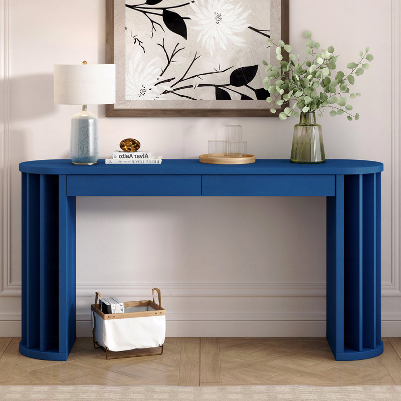 59" Farmhouse Entryway Console Table With Oak Veneer - Curved Straight Line Design Long Sofa Table Behind Couch, Blue