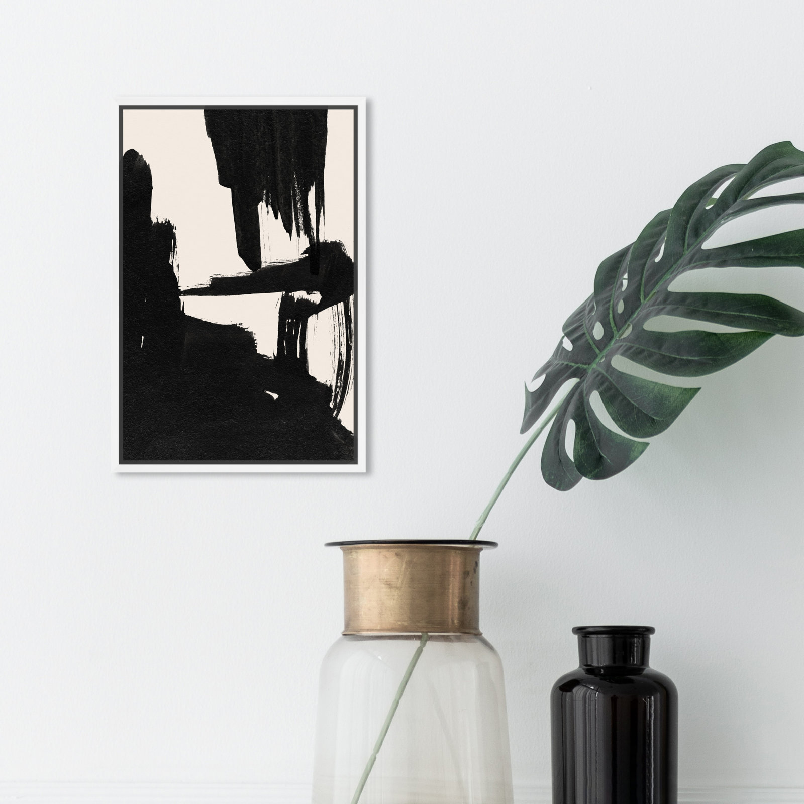 Abstract Black and White Brush Stroke Print, 16" H x 11" W, White