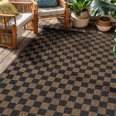 Checkered Dark Grey/Natural Easy-Care Jute-Style Indoor/Outdoor Flat Woven Area Rug