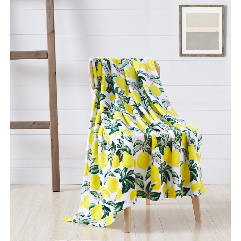 Deriel Plain Weave / Muslin Throw Blanket, White/Yellow Lemon Garden