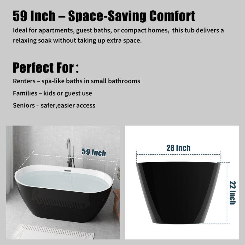 Freestanding Acrylic Soaking Tub with Pop-Up Drain & Overflow - Stand Alone Tub for Bathroom, Black