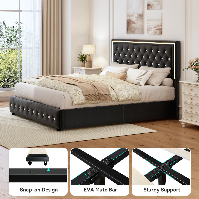 LED Bed Frame with 4 Storage Drawers, Adjustable Height Upholstered Headboard Beds, Queen, Velours noir