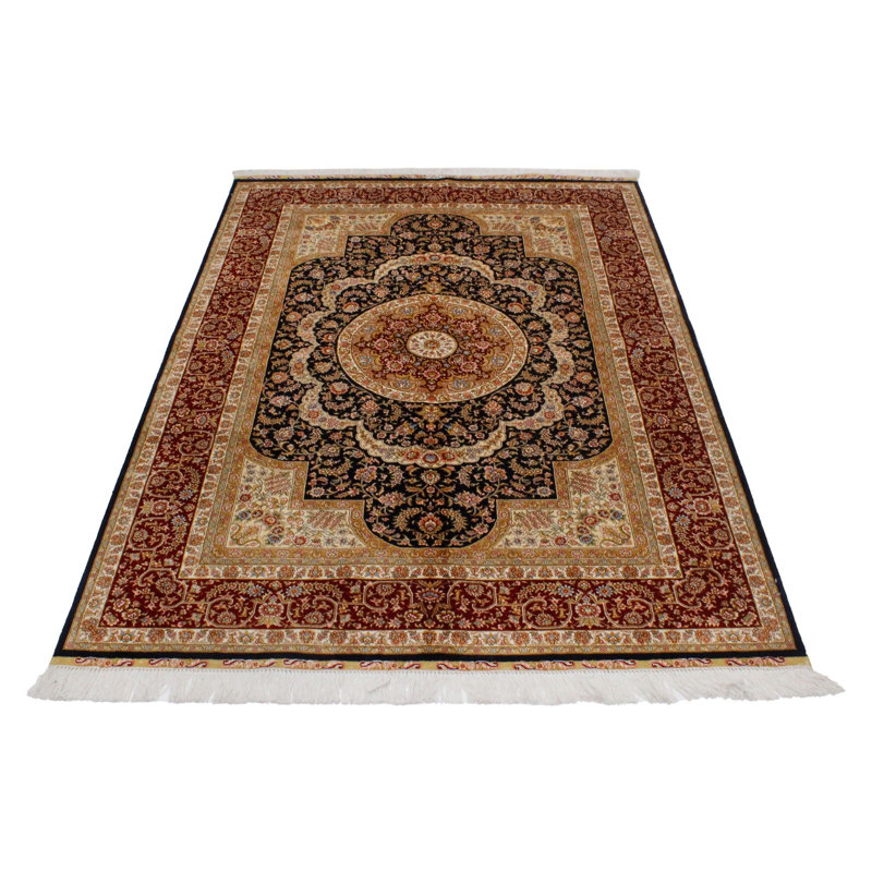 Tapis turc en soie bleu marine et rouge 4 x 6