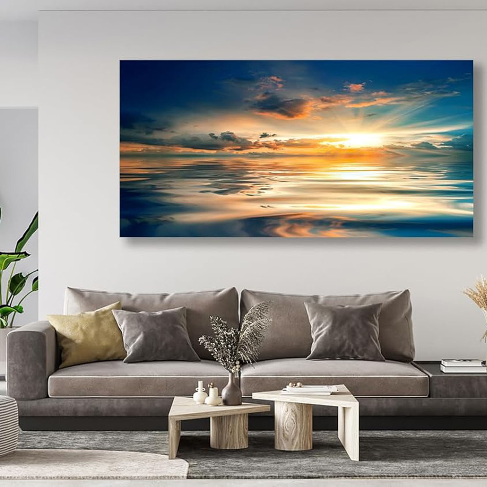 Highland Dunes Sunset Ocean Wall Art - Calm Sea Canvas Pictures Blue ...