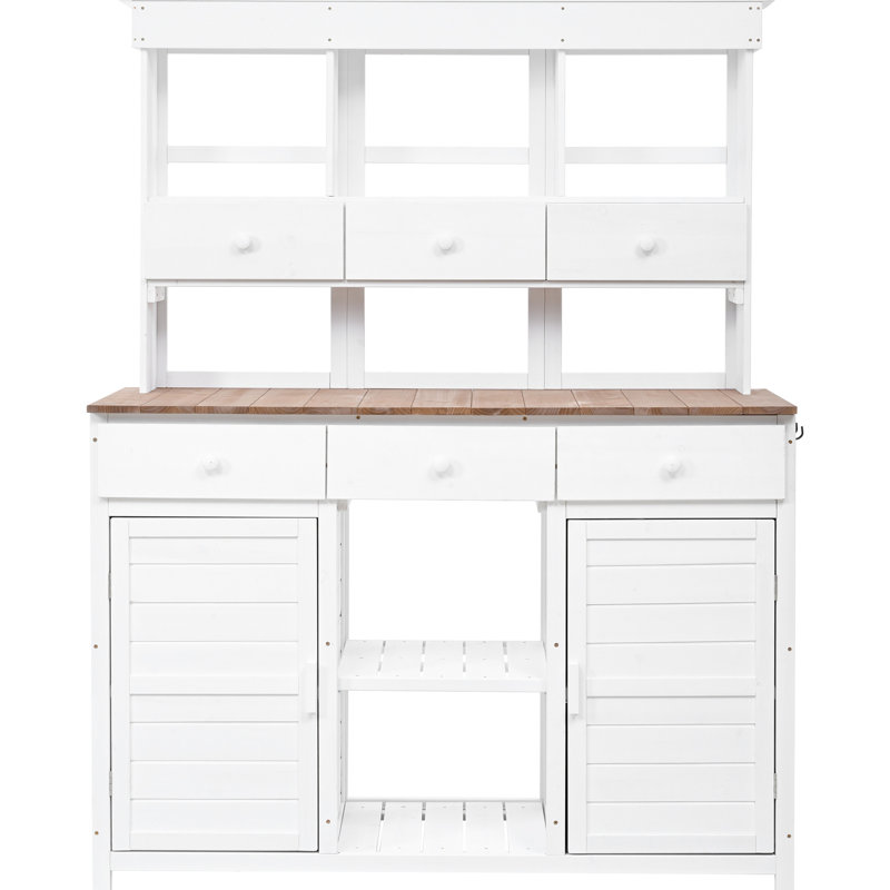 Brown Potting Bench With - Tall, 3 Shelves, 6 Drawers, 2 Cabinets, Side Hooks, Fir Wood, Ergonomic Workstation  Kitchen Storage Ergonomic,