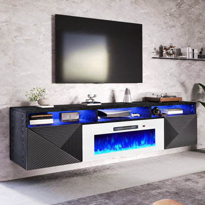  Bhhatu Modern Floating 80" Fireplace TV Stand with Storage & High Gloss Geometric Doors, Black/White