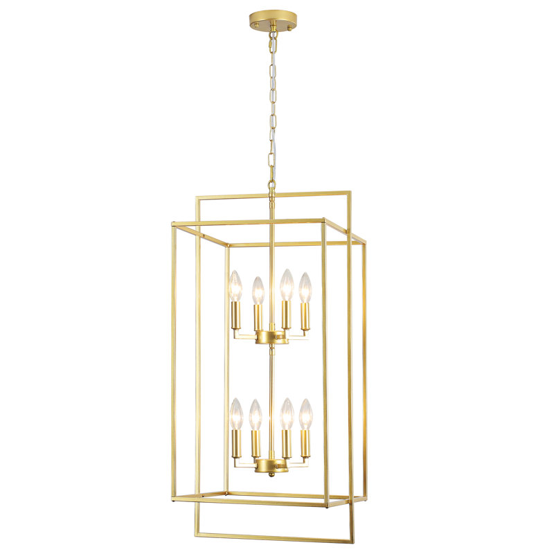8 - Light Dimmable  Lantern Rectangle Chandelier, Spray Gold