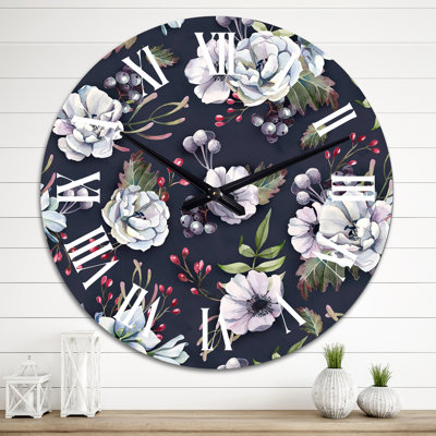 Horloge murale à motif fleurs blanches et baies rouges