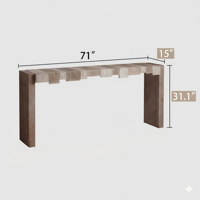 Console moderne de style rustique mesurant 71 pouces, avec un motif en bloc sculpté. Une table de canapé étroite idéale pour les couloirs, les salons ou les vestibules.