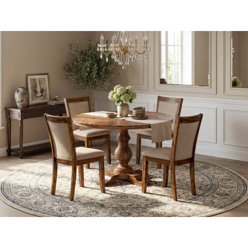 Cet ensemble de cuisine de 5 pièces comprend une table de salle à manger à piédestal et 4 chaises de salle à manger en lin brun clair avec dossier rembourré - Noyer antique