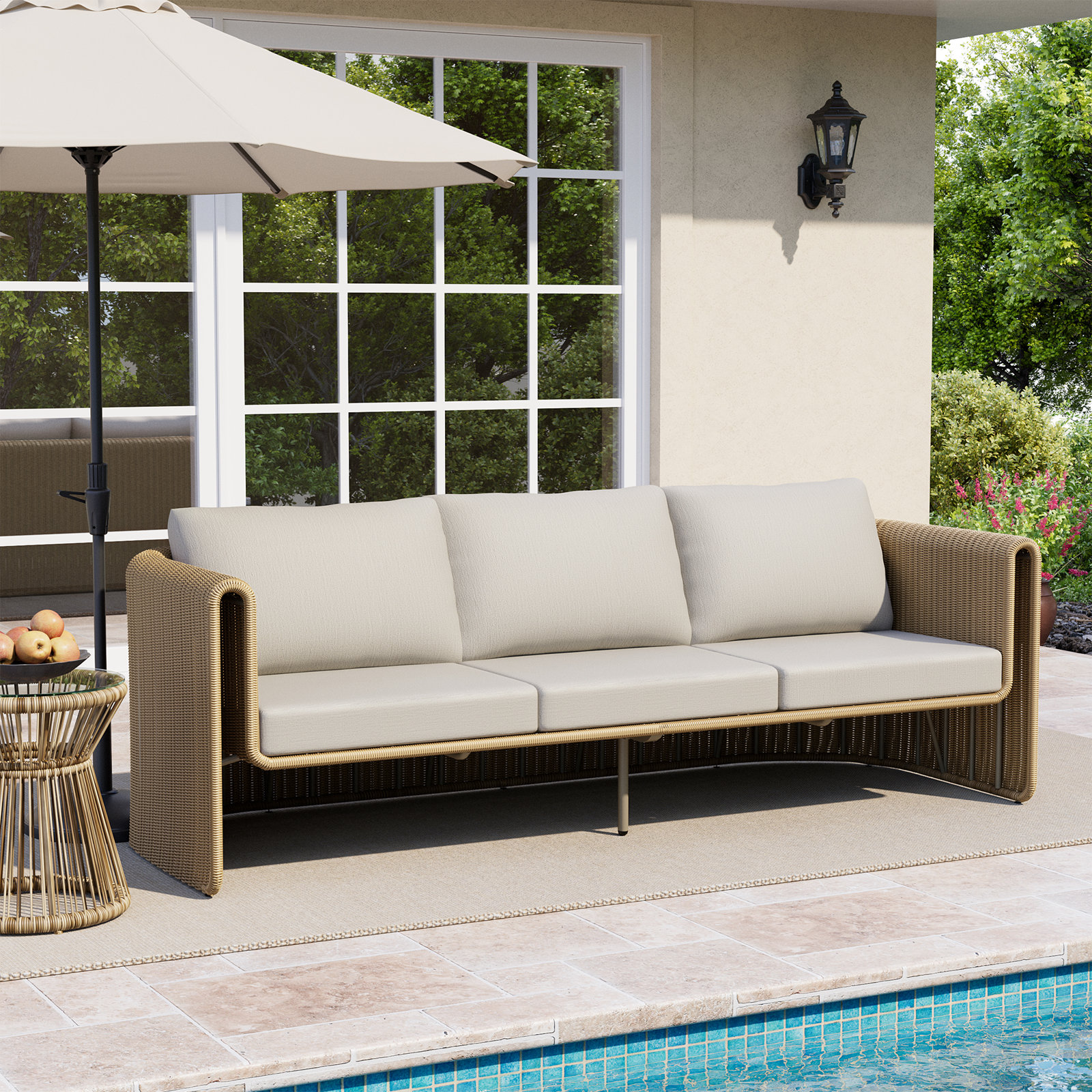 Lenore 84" Curved Wicker Patio Sofa with Cushions