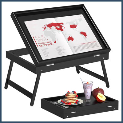 Bamboo Bed Breakfast Tray Table, Tilting Top with Folding Legs, Black Medium Size for Bed & Sofa