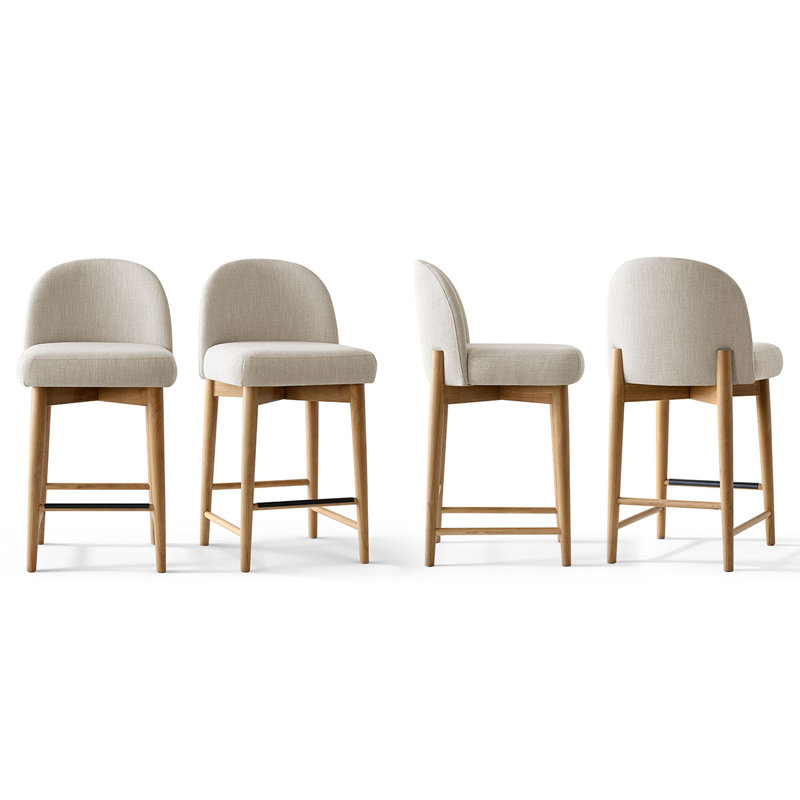 Upholstered Linen Blend Counter Stools with Solid Wood Legs, Beige