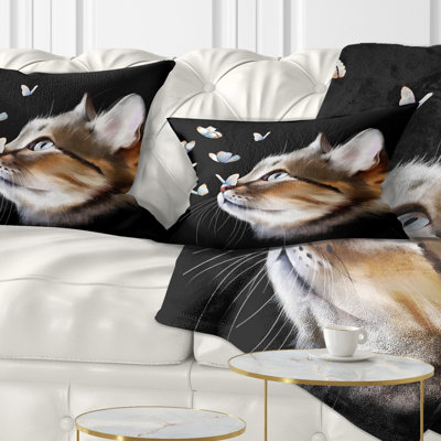 Cat with Butterflies on Black - Animal Printed Pillow