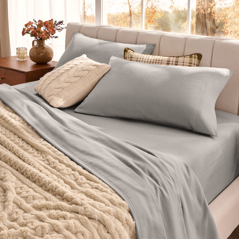 Ensemble de draps en flanelle 100% coton biologique, Gris clair, Ensemble de draps pour lit très grand californien