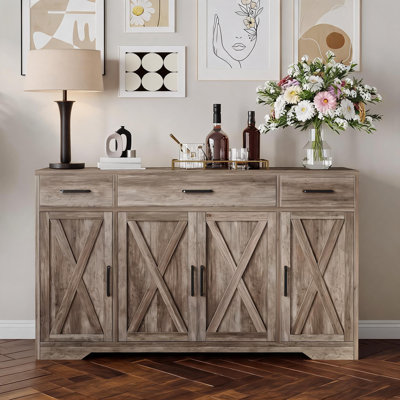 55" Farmhouse Sideboard Cabinet with 4 Doors and 3 Drawers, Adjustable Shelves and Wood Tabletop for Kitchen Dining Room, Multiple Colors Available