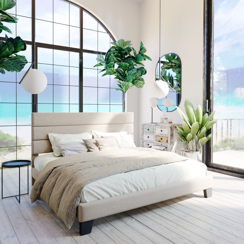 Lit plateforme Elison avec tête de lit tapissier en tissu et lattes en bois, Grand, Beige