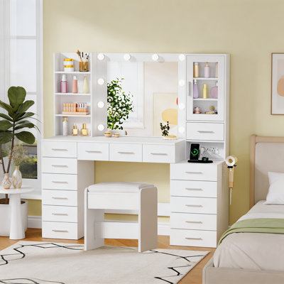 Adriel 53.1" W Makeup Vanity Set with Lighted Mirror, 15 Drawers and Power Outlet