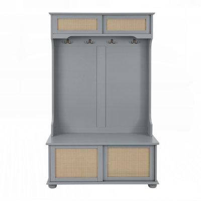 Hall Tree with Bench, Shoe Rack, and Rattan Door for Entryway Storage and Organization, Combining Style and Functionality.