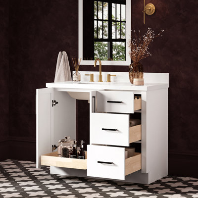   Kayleigh 43 Inch Left Offset Single Rectangle Sink Bathroom Vanity with Pure White Quartz Countertop 1.5 Inch in White