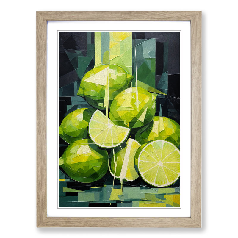 Sliced Lime Cubism - Single Picture Frame Print on Wood, 64cm H x 46cm W x 2cm D, Oak