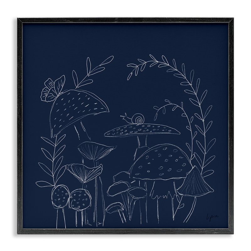 Giclée sur champignon sur fond bleu par Lucille Price, H 12 po x l 12 po, Giclée encadrée noir minuit