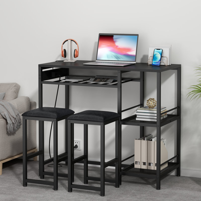Ensemble de table de bar et chaises avec prise de courant, ensemble de table de pub et chaises pour 2 avec 2 tablettes de rangement
