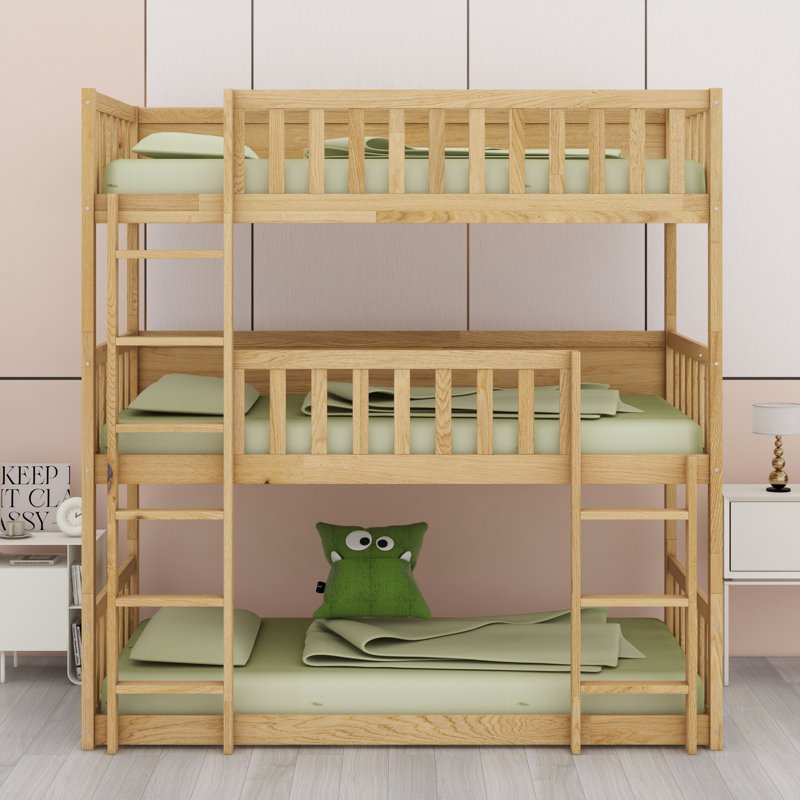 Lit superposé triple en bois, avec échelles, garde-corps, Naturel