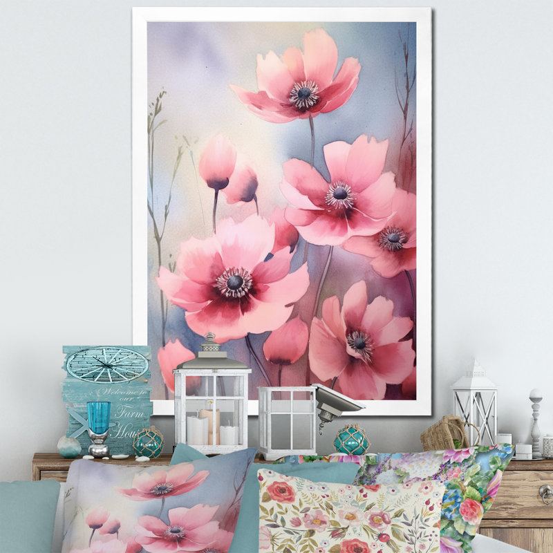 " Pink Blue Meadow ", 40" H x 30" W x 1.5" D, White Picture Framed