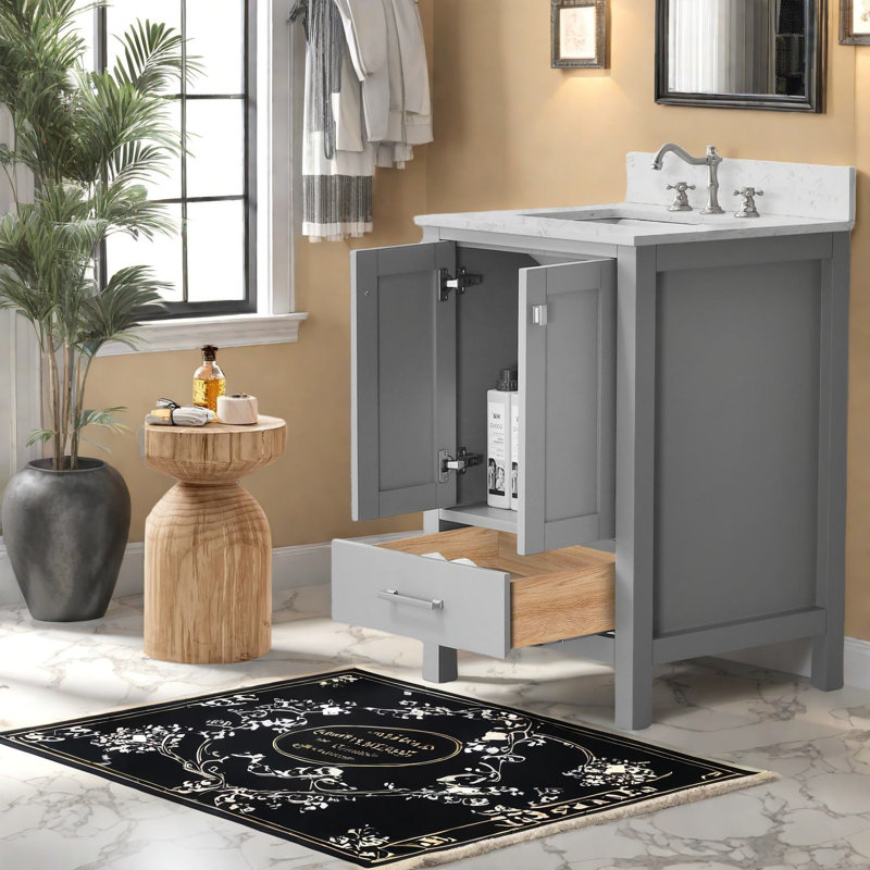 Meuble-lavabo moderne avec rangement, structure en bois massif et lavabo gris pour la maison