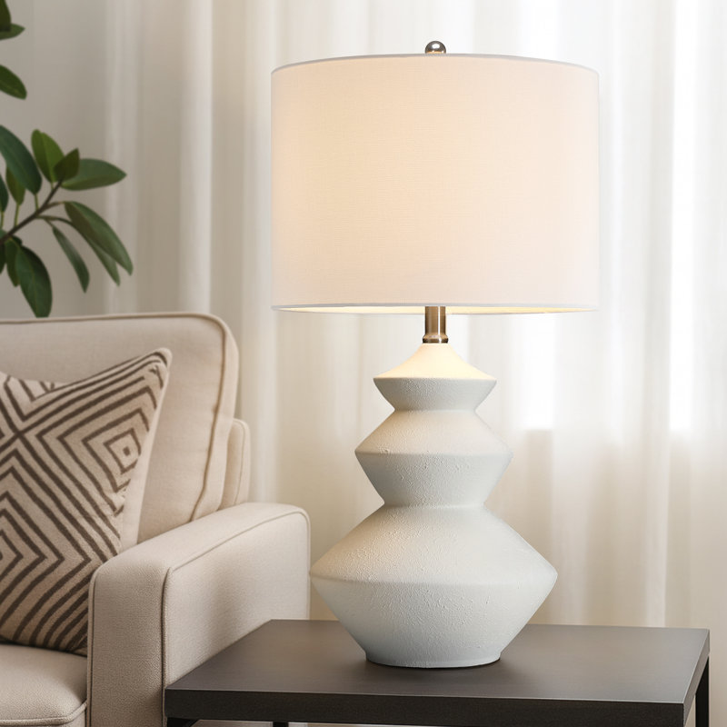 3-way White Ceramic Table Lamp With Drum Shade