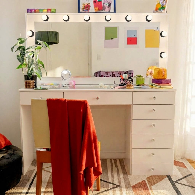 Boahaus Verona Large Vanity Desk with Framed Bulb Mirror – Custom Space Makeup Vanity Designed as a Structured Dressing Station with Integrated Power