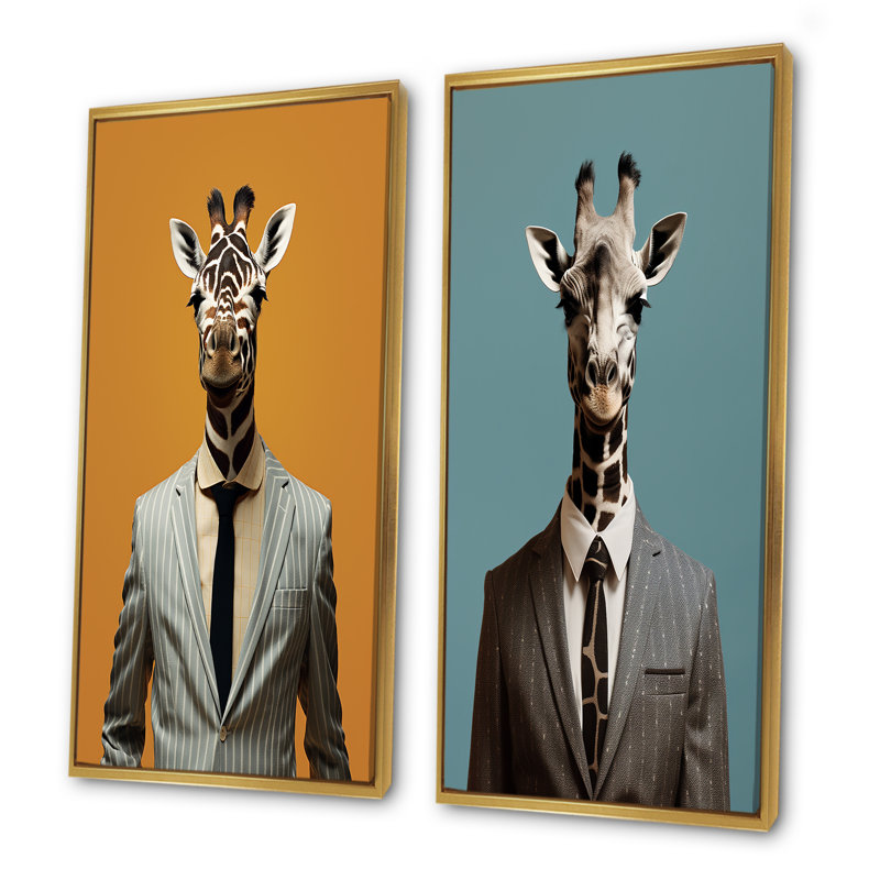 Ensemble de 2 pièces de salon girafe grise, Encadrement doré, H 40 po x l 41 po