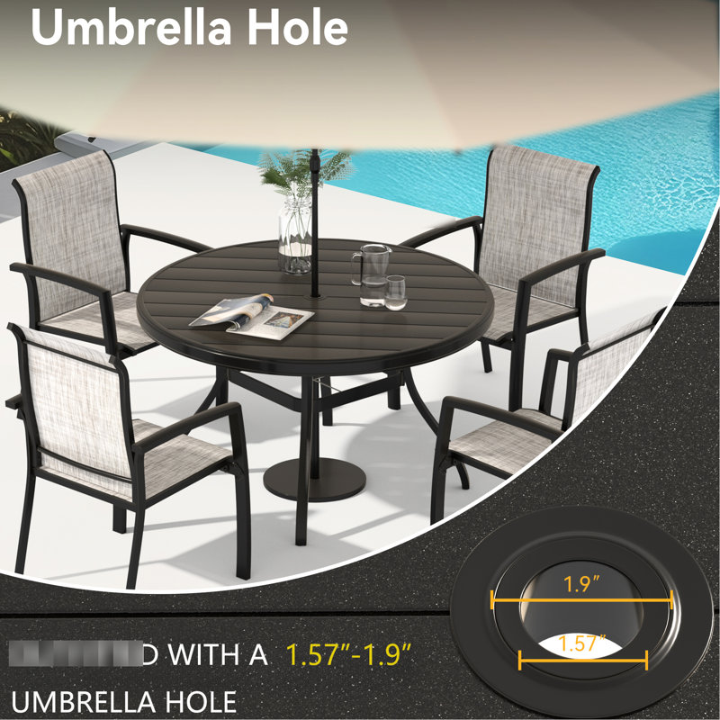 Round Dining Table For 4 - 6, All Weather Metal With Umbrella Hole, Black Modern Style Outdoor Spaces Patio Steel Design Lawn And Garden