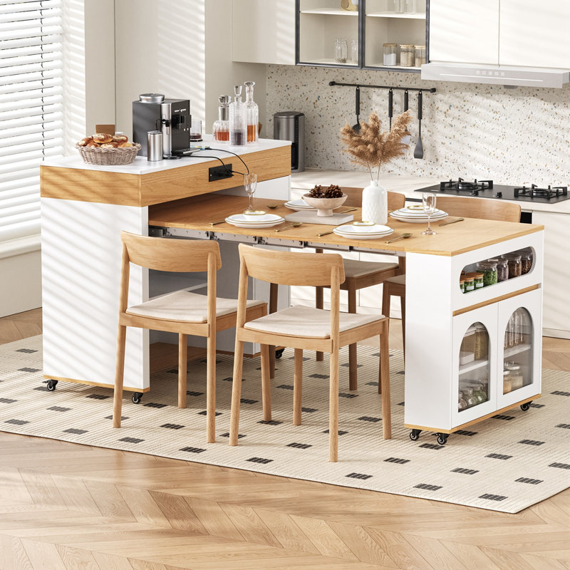 Kitchen Island with Extra-Long Folding Top and 2 glass doors, White