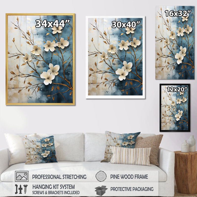 «Peacefulness White Blue Dogwood II», reproduction sur toile, H 20 po x l 12 po x P 1 po, Cadre simple noir