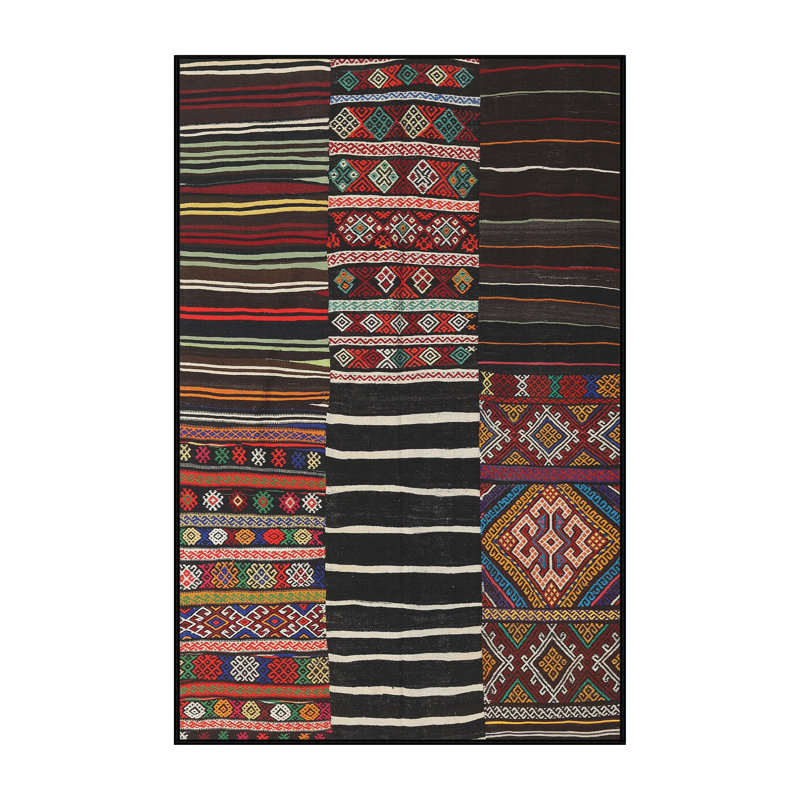Tapis contemporain rouge / noir / bleu, Rectangle 2 pi x 4 pi