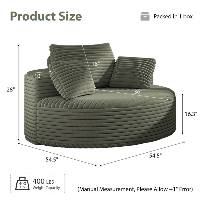 Addisin 56" Upholstered Barrel Chair, Oversized Round Chaise Lounge Compression Single Sofa Chair, No Assembly Required